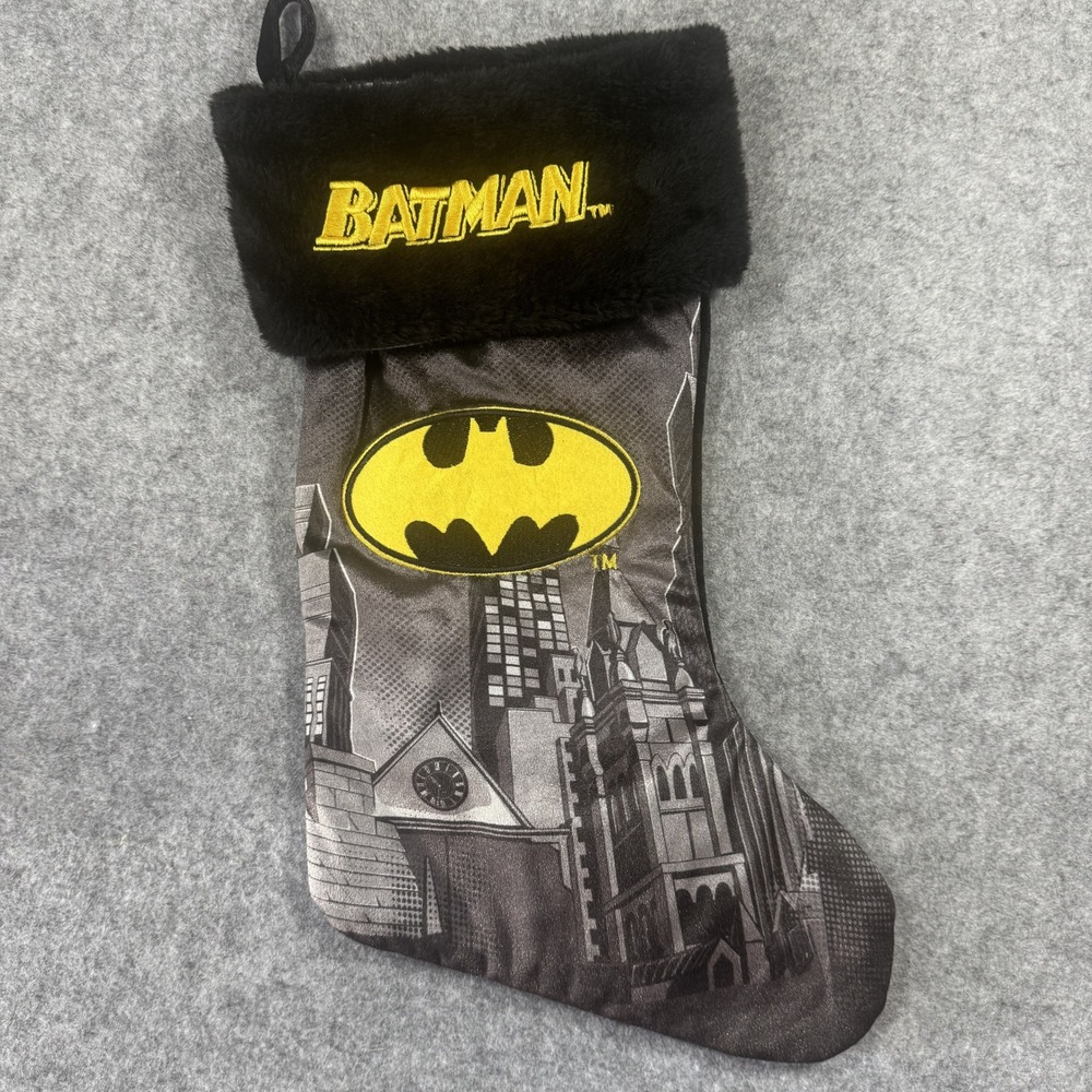 DC Comics Batman Gotham City Christmas Stocking 18" Black/Yellow Faux Fur Trim